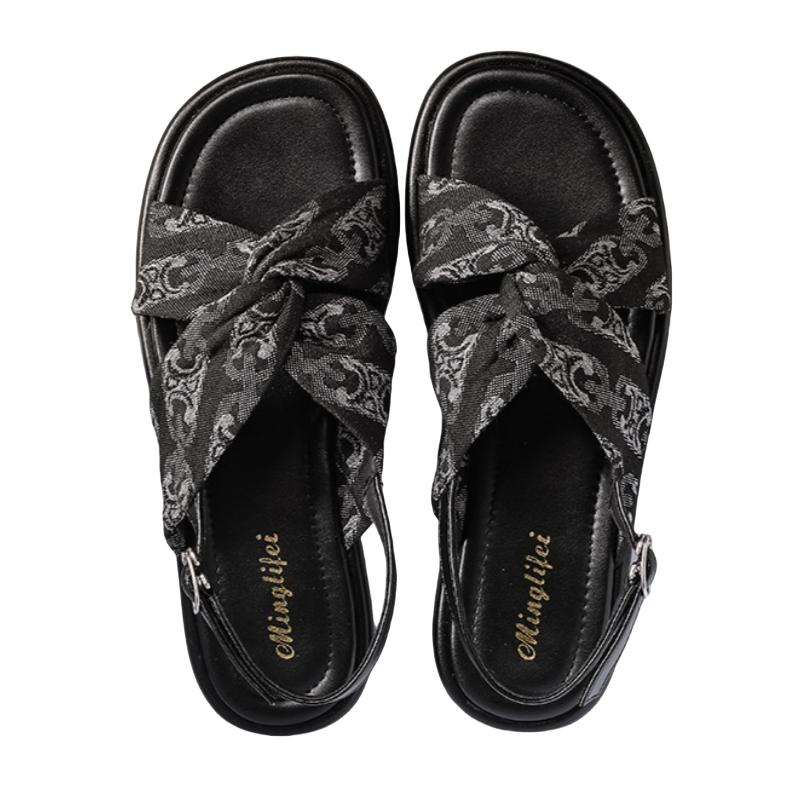 

Женские плоские римские сандалии 2025 лето новые низкий каблук принт пляжные сандалии для отпуска уличные повседневные удобные женские сандалии 35 чёрный