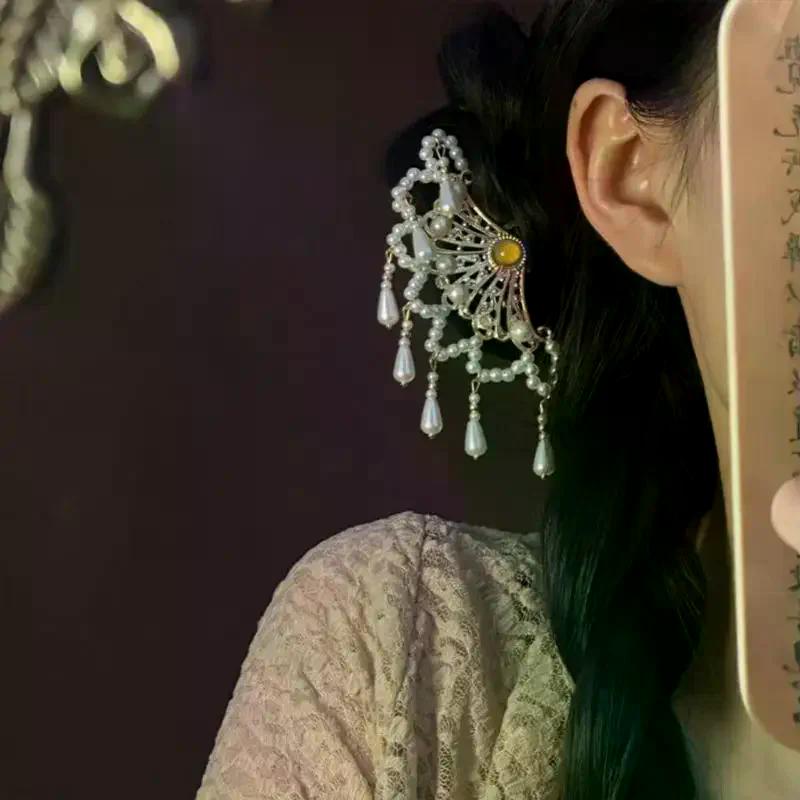 1Pcs Pearl Hair Comb Women Hanfu Cheongsam Comb Hair Side Hairpin Ancient Tasseled Pearl Hair Ornament Hanfu Hairpin
