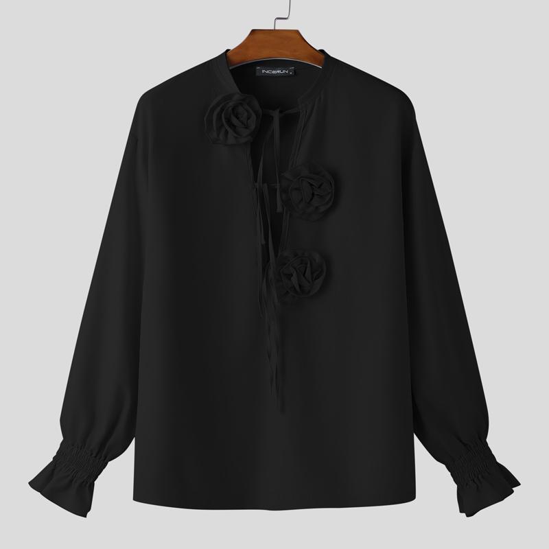 INCERUN Eleganti Camicie Casual da Uomo con Laccio al Collo, Maniche Lunghe, Fantasia Floreale