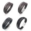 Minimalist Stainless Steel Leather Braided Bracelet Men Women Couple Geometric Layered Wristband Fashion Accessory