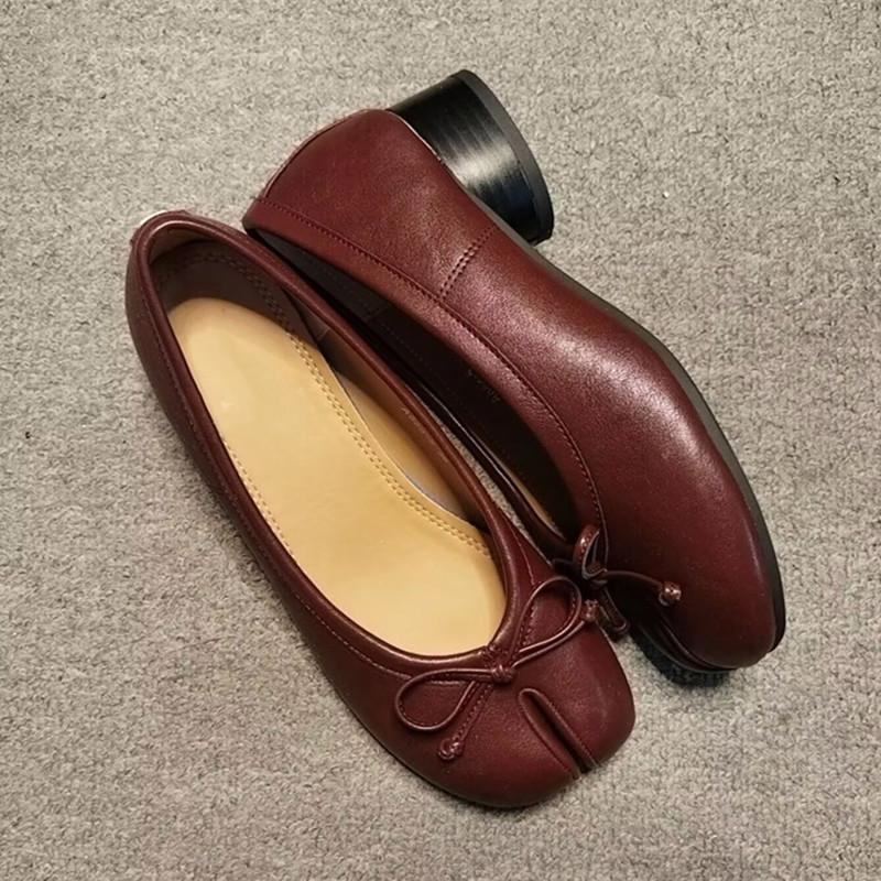 Pleated Designer Split Toe Women Pumps Comfort Soft Leather 3.5cm Low Heeled Ballet Ballerina Casual Tabi Loafers Shoes