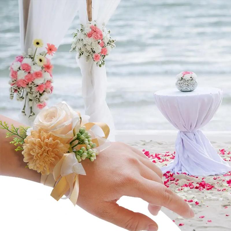 1PC Suit Corsage Pins Elegant Corsage Bracelet Wedding Non-Fading Silk Rose Bridesmaid Wrist Flower Groom Boutonnier