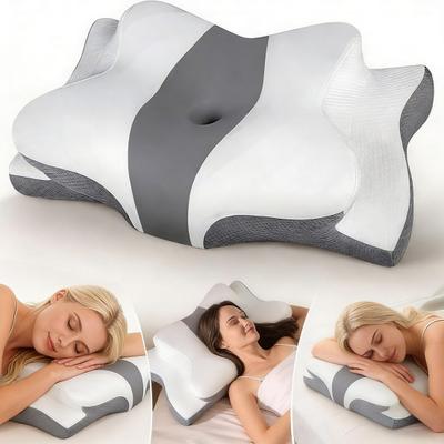 Oreiller Contour Orthopédique pour Cou Oreiller de Sommeil Ergonomique en Mousse à Mémoire Oreiller Respirant pour le Soutien du Cou avec Trou Central pour le Soulagement de la Douleur Côté Dos ou