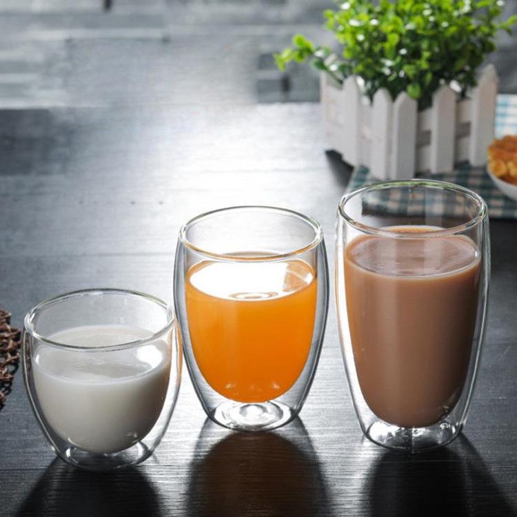 Op maat gemaakte dubbelwandige hoge borosilicaatglazen beker voor sap, melk en koffie