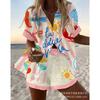 Conjunto de pantalones cortos de playa y camisa de manga corta para mujer, multicolor, vida marina, ocio, vacaciones, conjunto de dos piezas