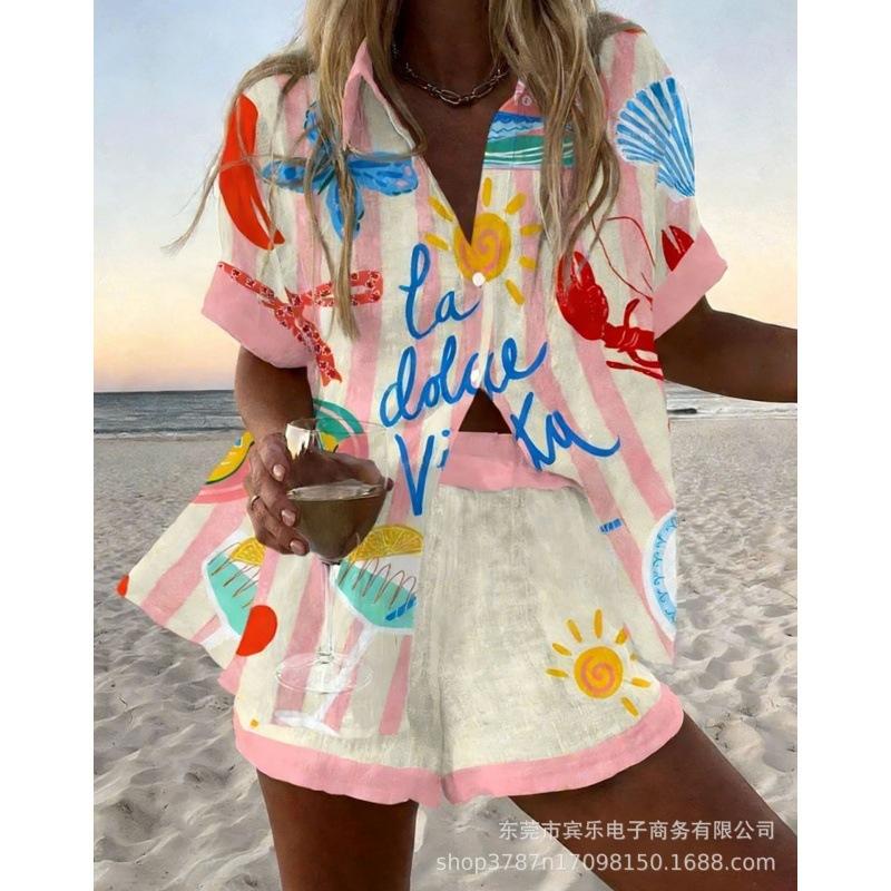 Conjunto de pantalones cortos de playa y camisa de manga corta para mujer, multicolor, vida marina, ocio, vacaciones, conjunto de dos piezas