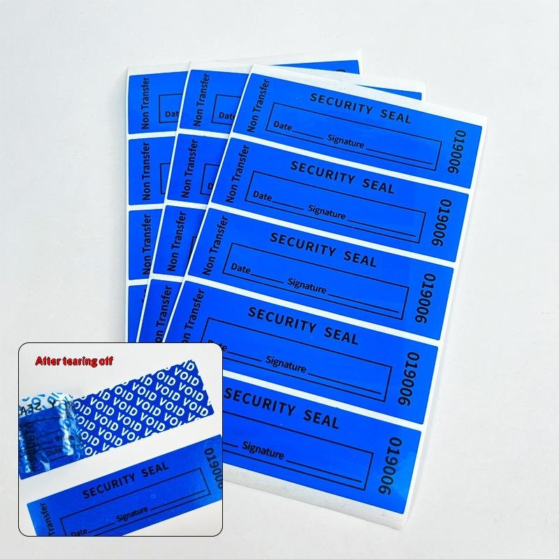 100 Stück Gesamte Transfer-Manipulationssichere Etiketten Sicherheitsgarantie Ungültig Aufkleber Rot Blau 25*85 mm Dreifache Seriennummern Siegelaufkleber