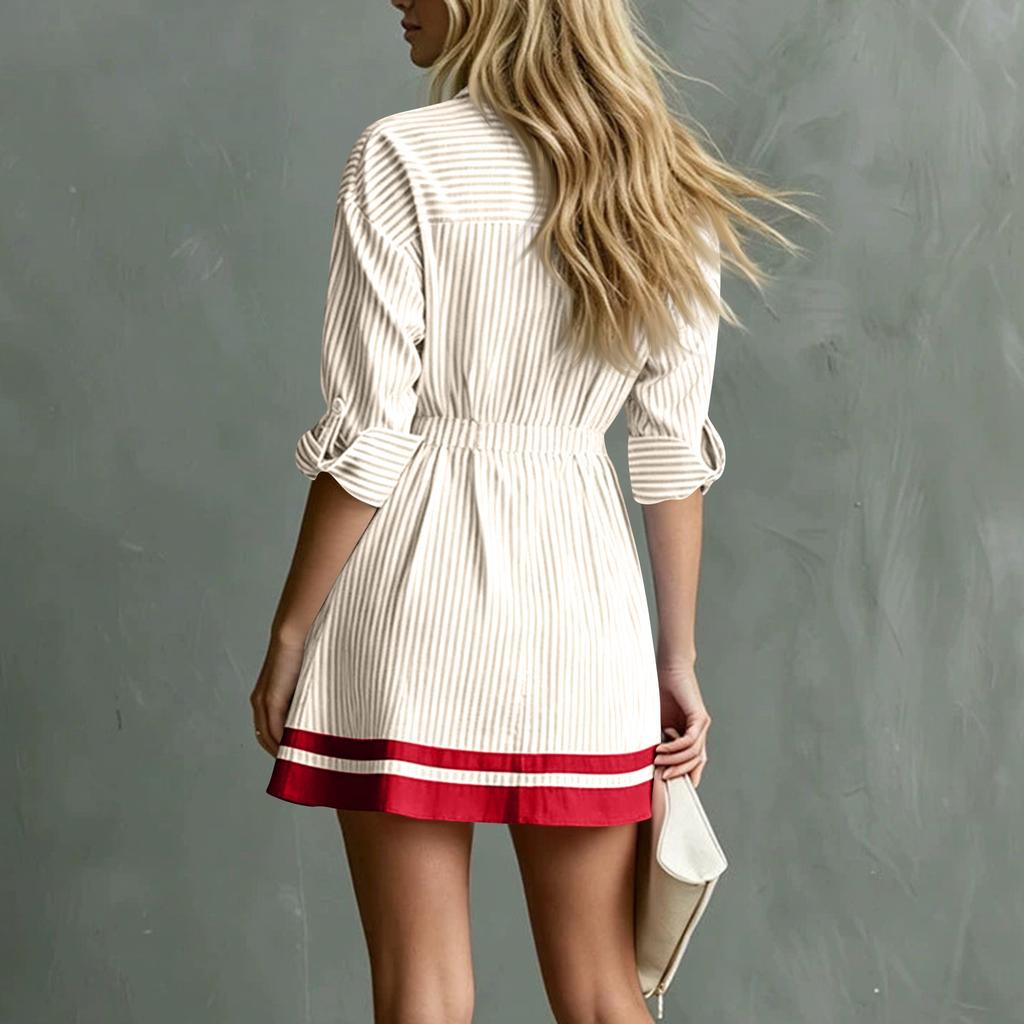 Women's Stylish Striped Long Sleeve Button Down Casual Dress with Lapel Collar and Fitted Waist