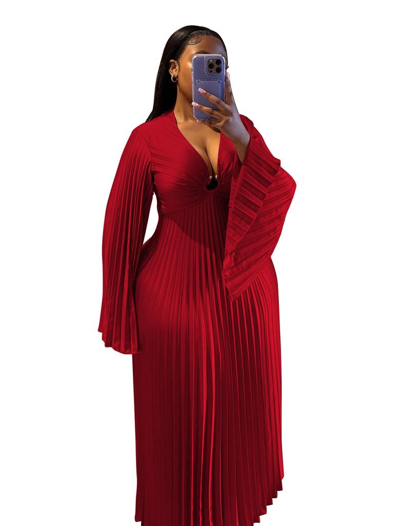 Women's Deep V Neck Long Sleeve Pleated Dress with Side Slit