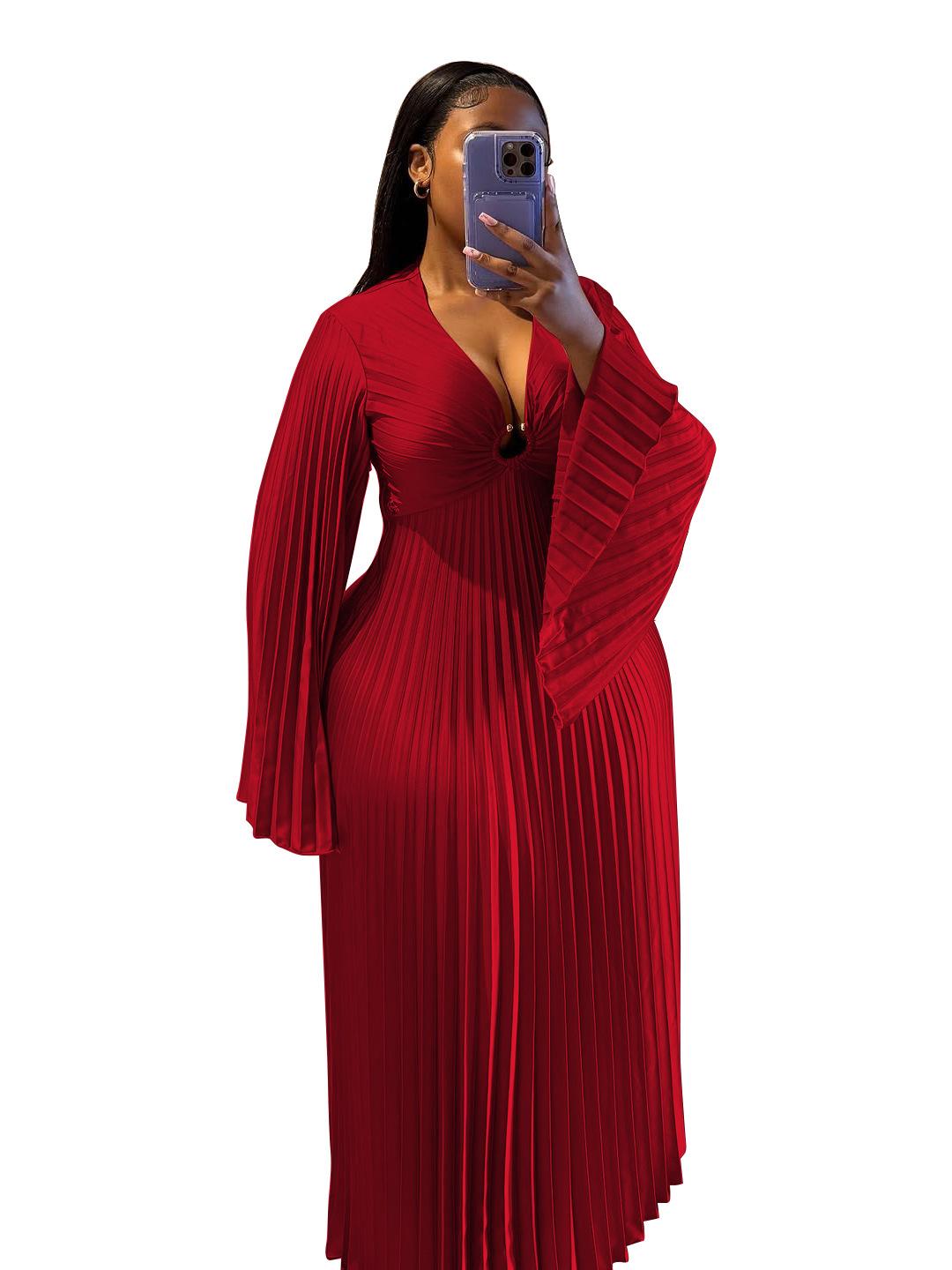 

Women s Deep V Neck Long Sleeve Pleated Dress with Side Slit 5XL червоний