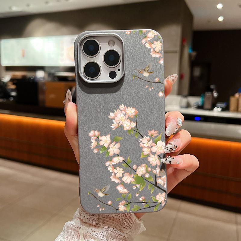 Cherry Blossom Pattern Leather Texture Slim Case for iPhone 16 Pro Max 15 Pro 14 Plus 13 12 11 Tpu Soft Shockproof Matte Solid Color Phone Cover