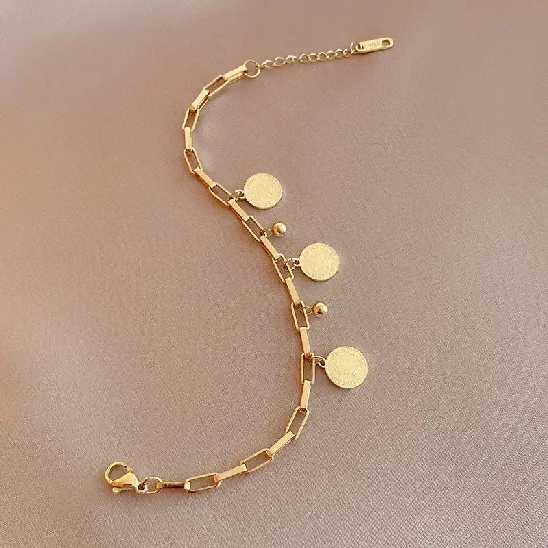 1PCS Gold-color Bracelet Ladies Hip Hop Style Stainless Steel Round Sign Portrait Pendant Wide Cross Chain Jewelry Accessories
