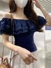 2025 New Style One-shoulder Lace Panel Short Sleeve T-shirt Women Summer Fit Design Off Shoulder Elegant Clothing