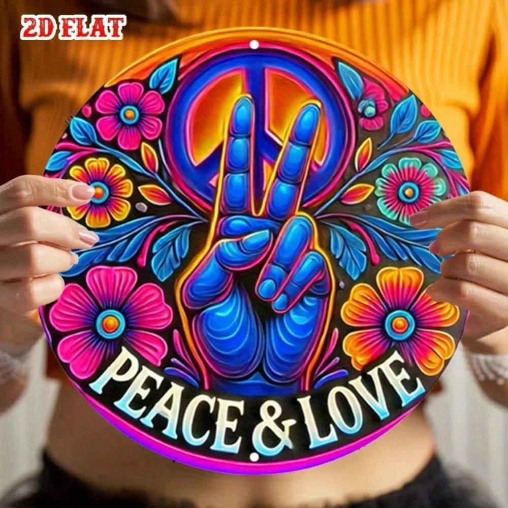 Arte de Pared Metálico con Símbolo de Paz Retro Vintage Decoración Floral