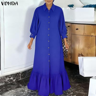 Damen Reverskragen Langarm Rüschensaum Langes Elegantes Hemdkleid