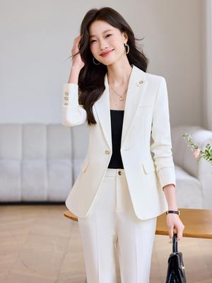 Off-White Women's Blazer & Micro-Flare Pants Set: Autumn/Winter Professional Suit with Waist-Cinching for High-End Style