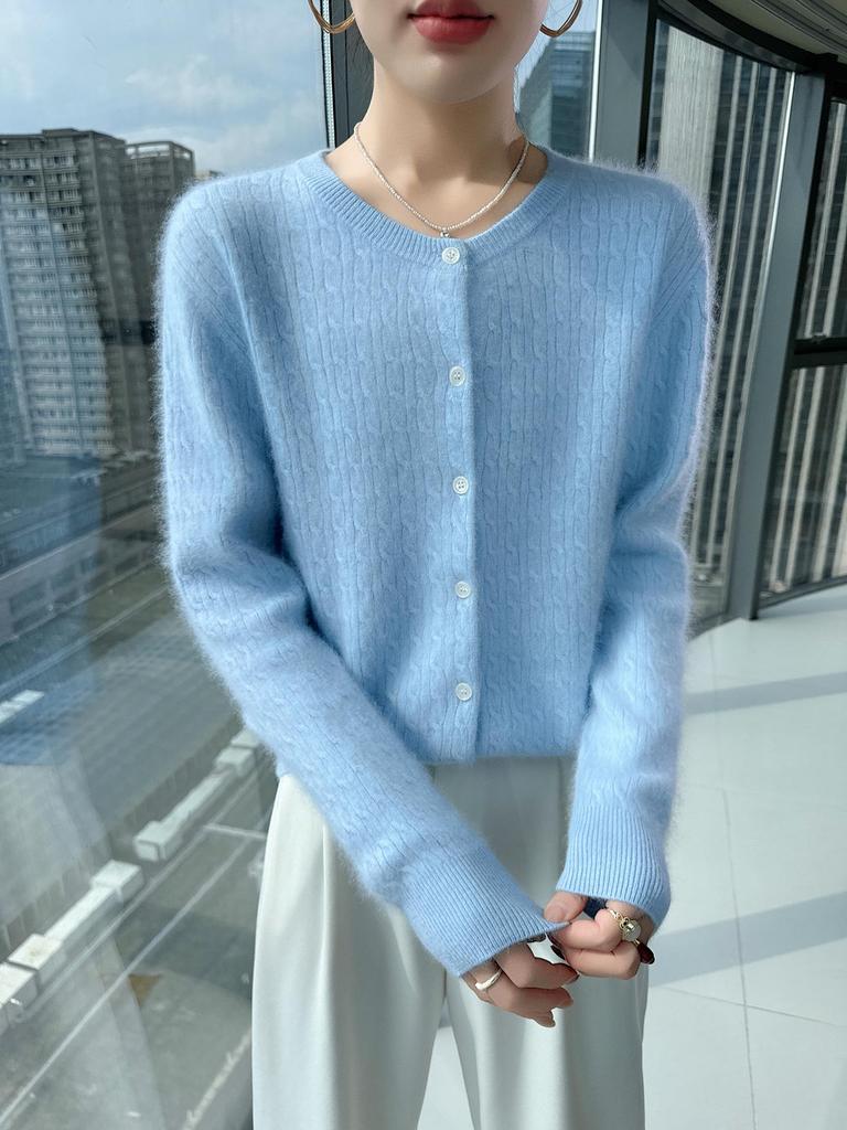Women's Retro Cable Knit Mink Velvet Cardigan - Round Neck, Long Sleeve, Loose Fit, Short Sweater Coat