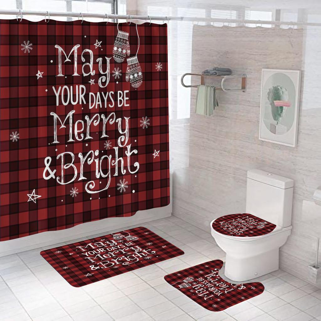 4pcs Merry Christmas Shower Curtain Polyester Shower Curtain Pedestal Rug Set Bathroom Decor Waterproof Curtain