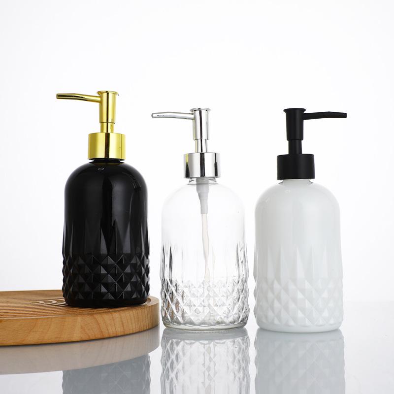 Transparente Glasflasche zum Drücken für Shampoo, Duschgel und Handdesinfektionsmittel - Wiederbefüllbar, Hotelqualität