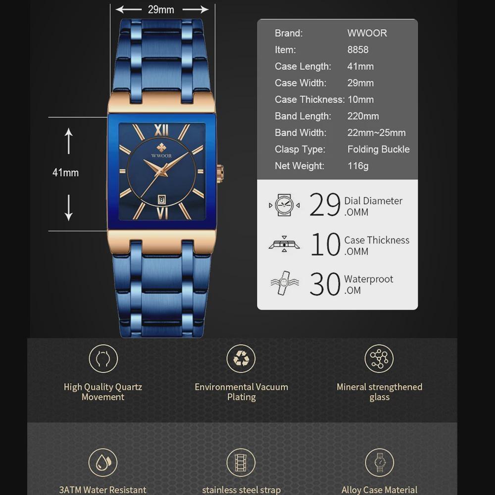 WWOOR Top Brand Luxury Steel Strap Business Quartz Watch Men Casual Waterproof Sports Watch