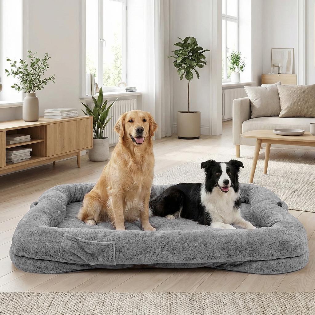 Portable Human Dog Bed Washable Large Size Non Slip Bottom Comfortable Plush Giant Size Dog Bed with Blanket and Pocket for Home