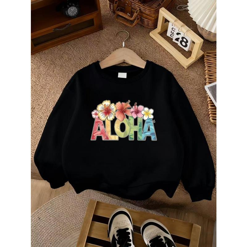 Moletom Preto Unissex Infantil com Gola Redonda, Pulôver de Manga Longa com Estampa Colorida de Flor de Hibisco Tropical Aloha, Moletom para Meninos Meninas Acima de 4 Anos