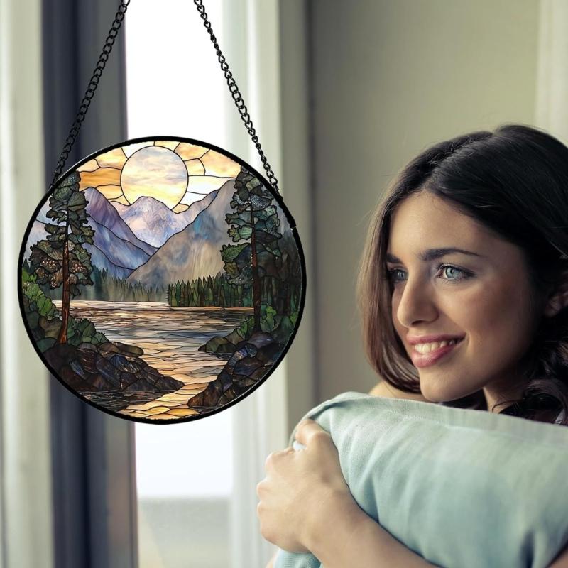 Colorful Acrylic Light Catchers Stained Glass Landscape Suncatchers Ornament for Home Garden Decors and Window Hanging