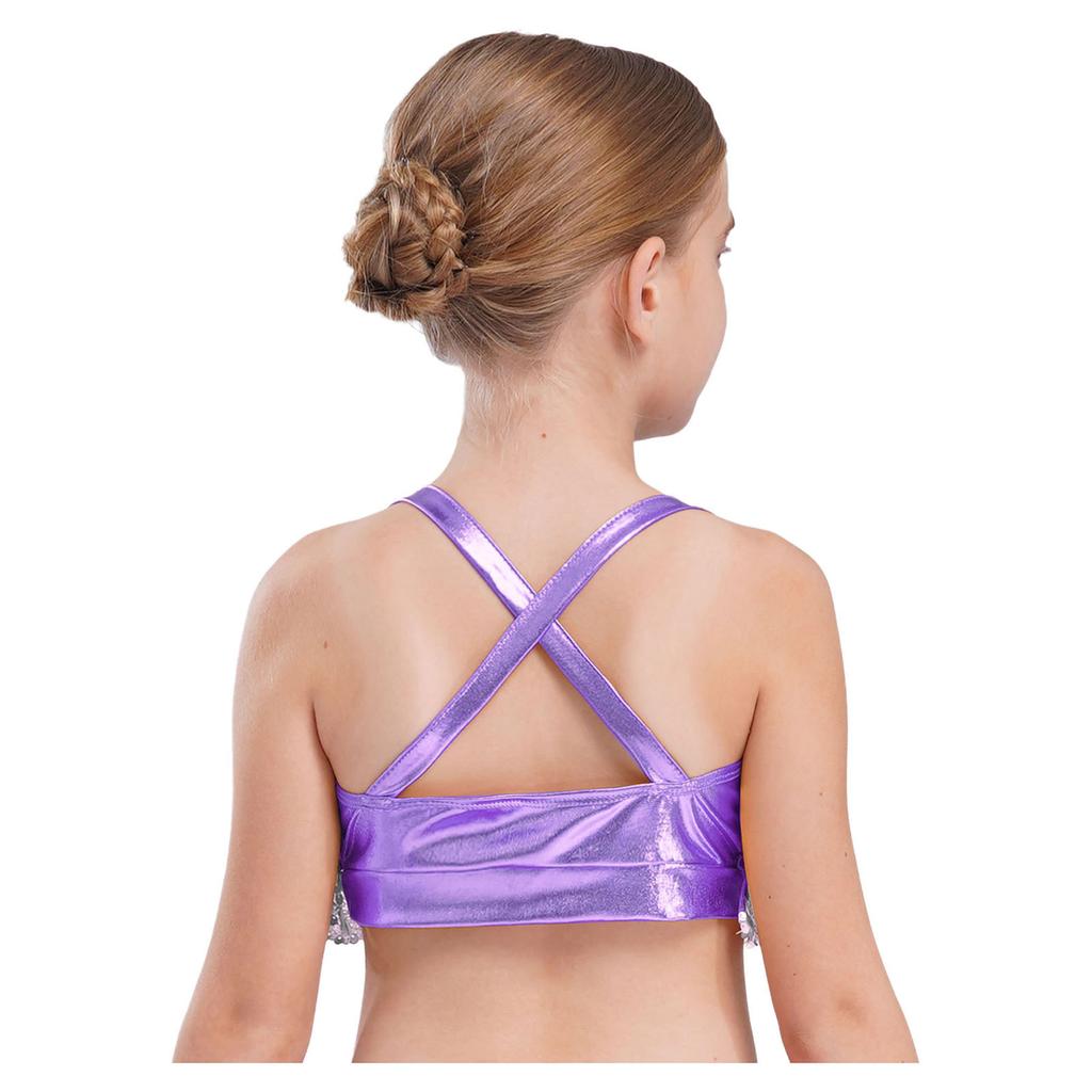 Jazz-Tanz-Outfit für Mädchen, glitzerndes, gestuftes Rüschen-Crop-Top, metallische Culottes für Bühnenauftritte