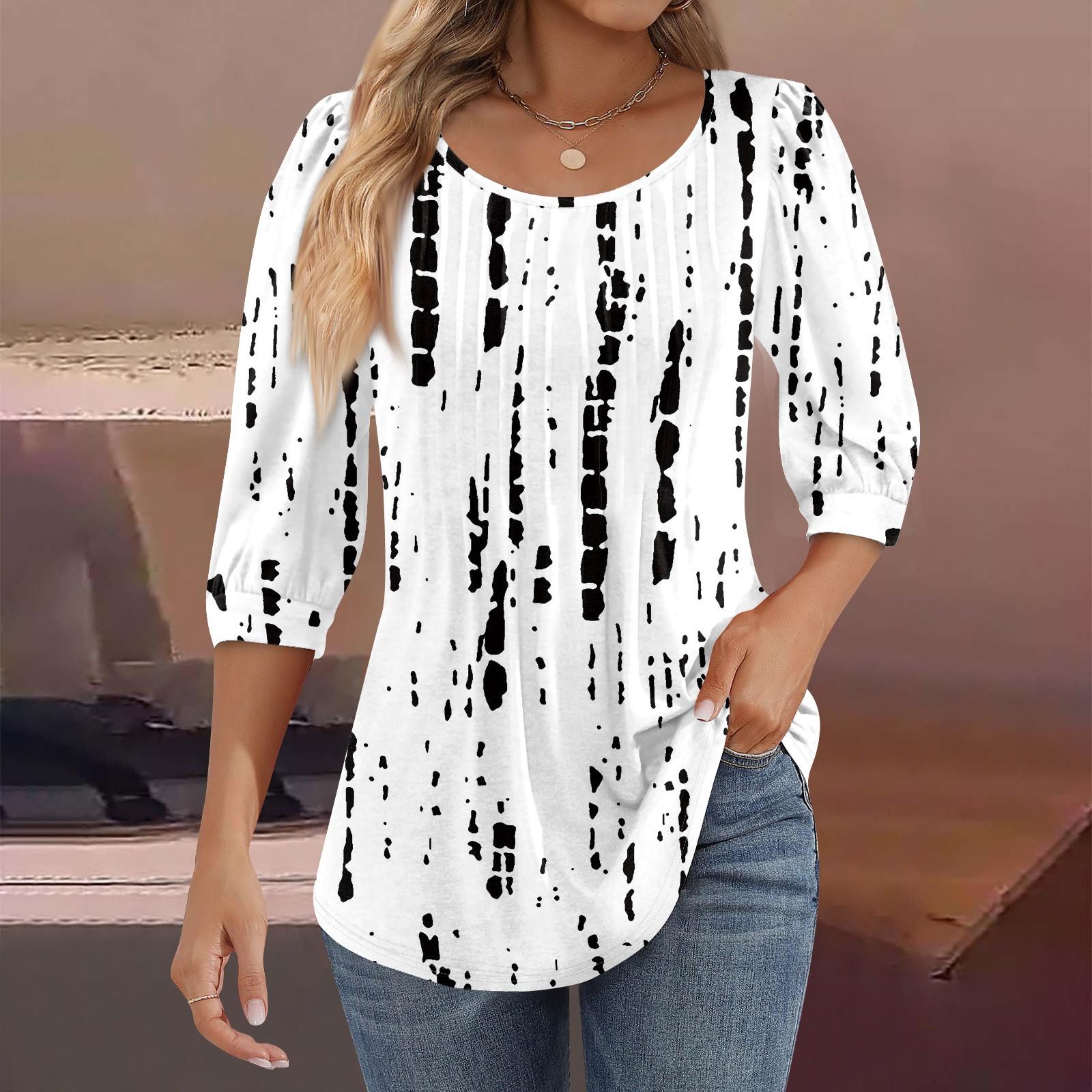 

Жіночі туніки з рукавами 3/4 і плісировані блузки Повсякденні вільні весняно-літні футболки M білий