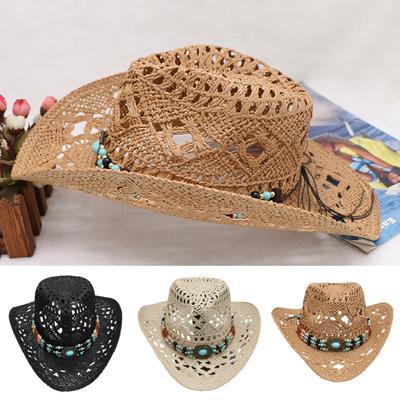 Hat with Decorative Bands Hollow Ultralight Breathable Design Cowgirl Woven Sun