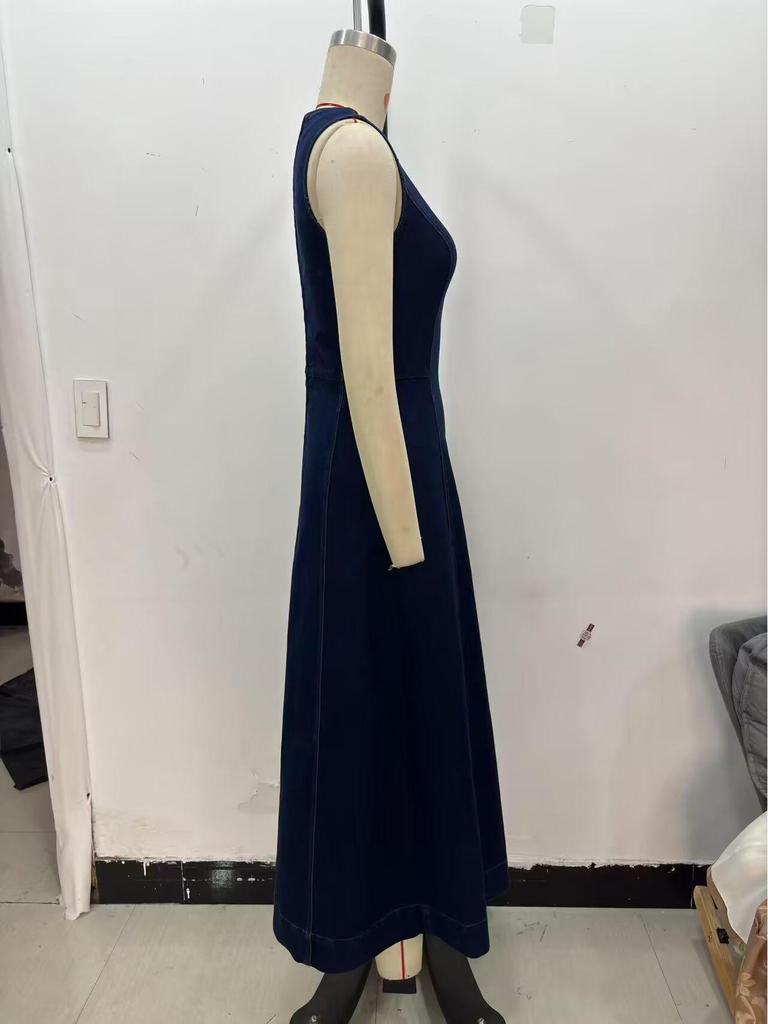 Women's 2025 Spring Sleeveless Denim Midi Dress - Versatile Retro French Style