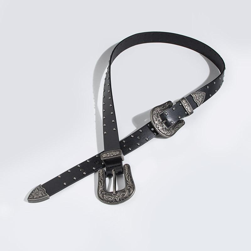 Bohemian Female Leather Belt With Retro Double Buckle And Alloy Clasp For Casual Wear