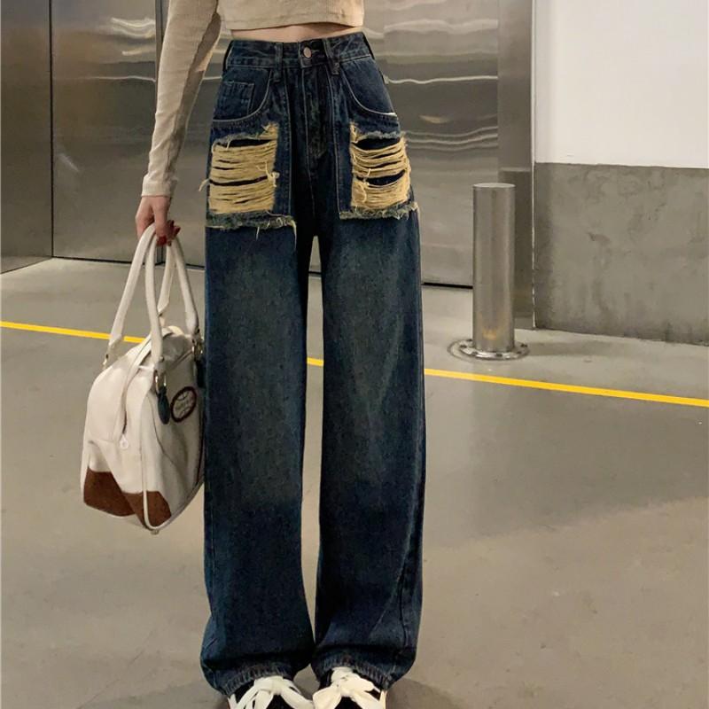 

Неровные рваные джинсы для женщин, новые американские ретро-брюки с высокой талией и узким дизайном в пол XL