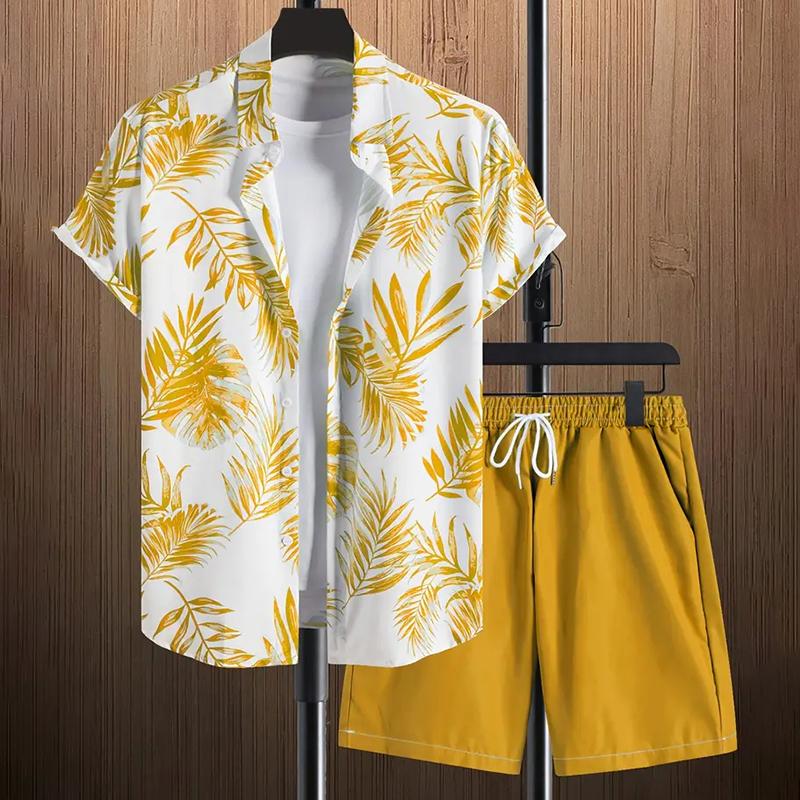 Stylish Lapel Button-Down Shirt Shorts Set Summer Men's Short-Sleeved Shirt Drawstring Shorts 2-Piece 3D Leaf Print Travel Suit