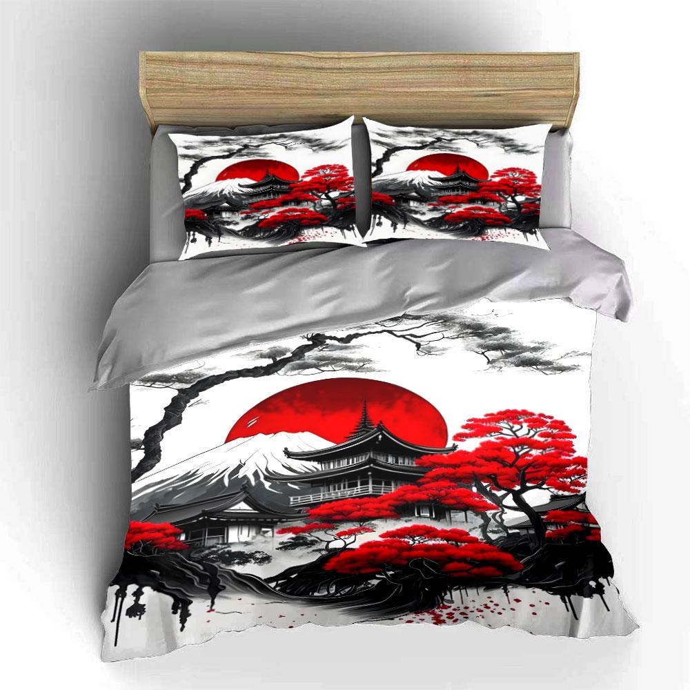 Red Sun, Snowy Peaks, Japanese Aesthetic Printed Duvet Cover Set1 Duvet Cover+2 Pillowcasemulti Size Bedroom Bedding Decor