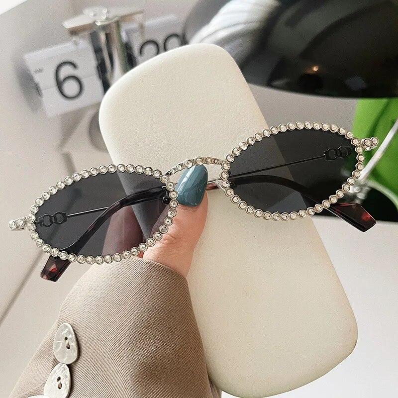 Diamond Oval Ladies Sunglasses Luxury Brand Diamond Small Glasses Japanese and Korean Metal Trend Decoration Oculos De Sol