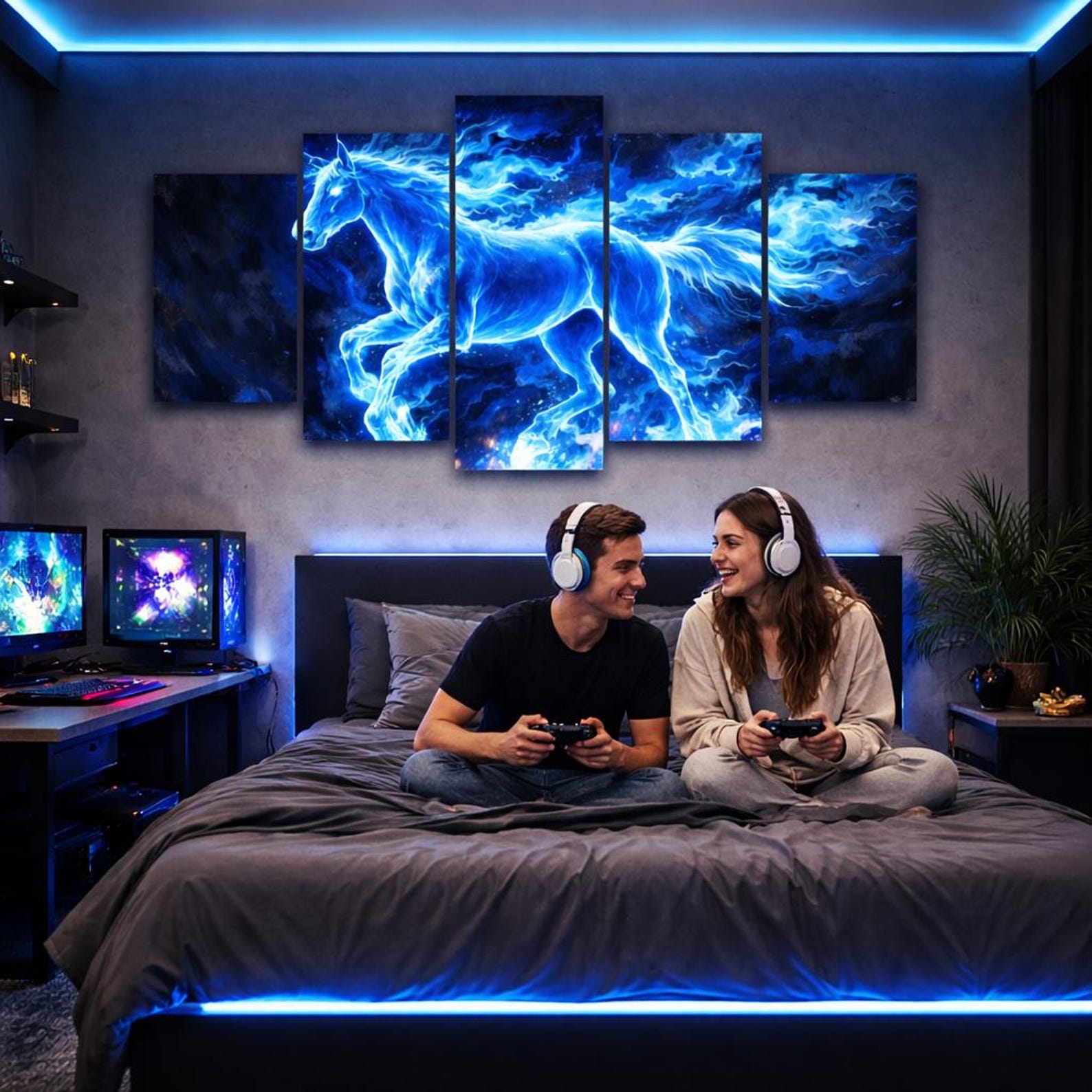 

5-Panel Glowing Blue Spirit Horse Canvas Art Wall Decor 20X35 20X45 20X55CM