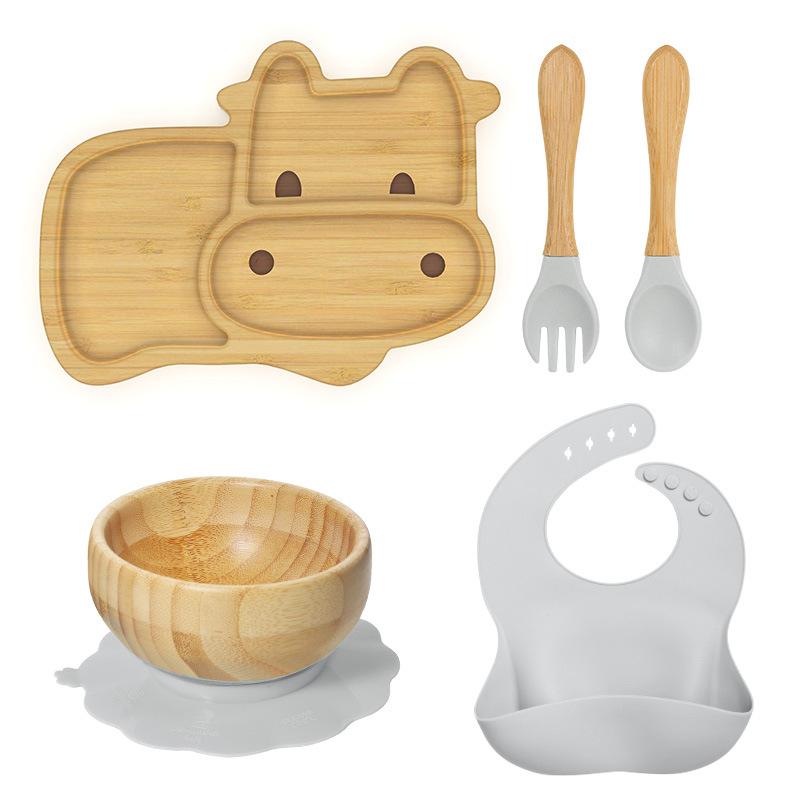 Bamboo Calf Shaped Baby Cutlery Set 5 Pieces Includes Suction Cup Bowl Bib Fork and Spoon