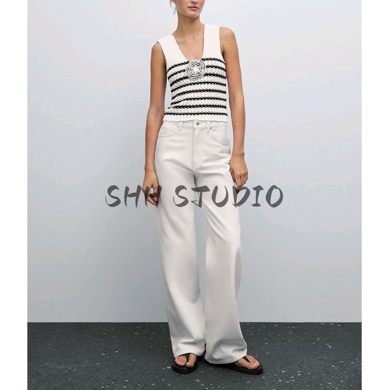 MD Women's Spring Clothing Classic Style Seaside Vacation Style Flower V Neck Knitting Spaghetti Straps Sleeveless T-shirt 5703531