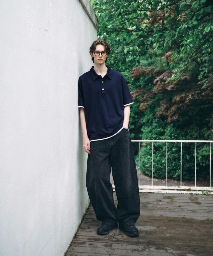 LETTERCOMO Dust Layered Short Sleeve Polo Shirt Dark Navy