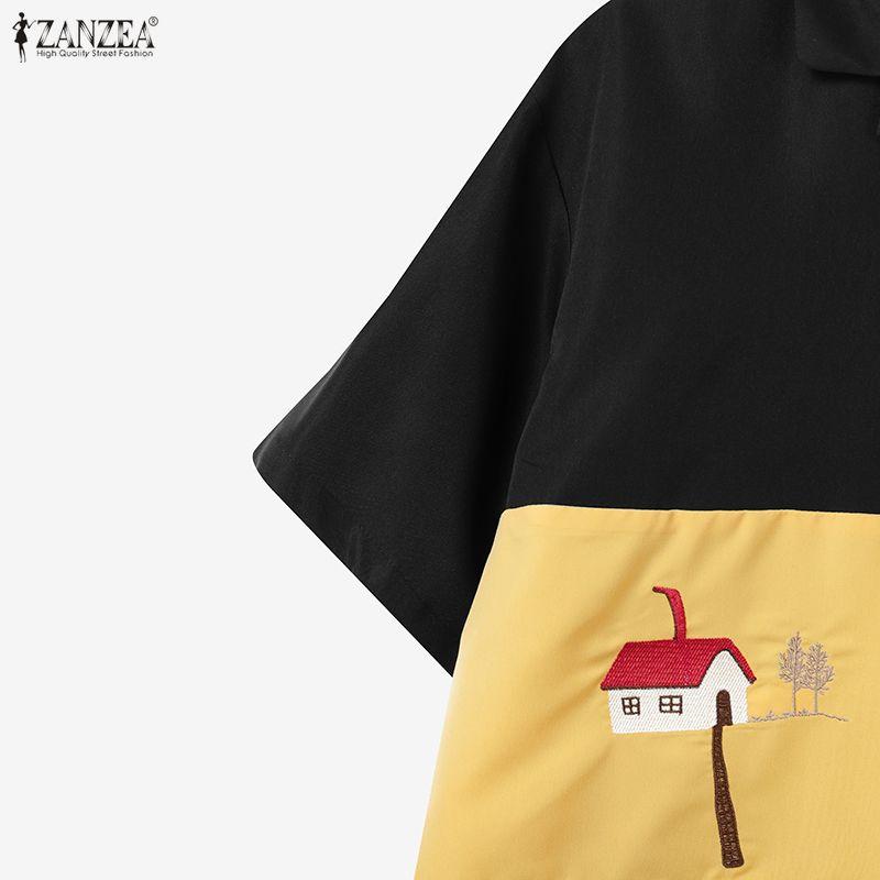 ZANZEA Women Casual Turn Down Collar Summer Short Sleeve Patchwork Blouse