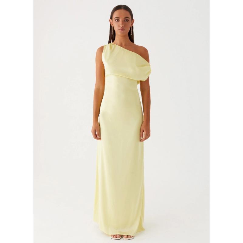 Damen Sommerkleid 2025 Neu Einfarbig Asymmetrisch Schulterfrei Rüschen Lang