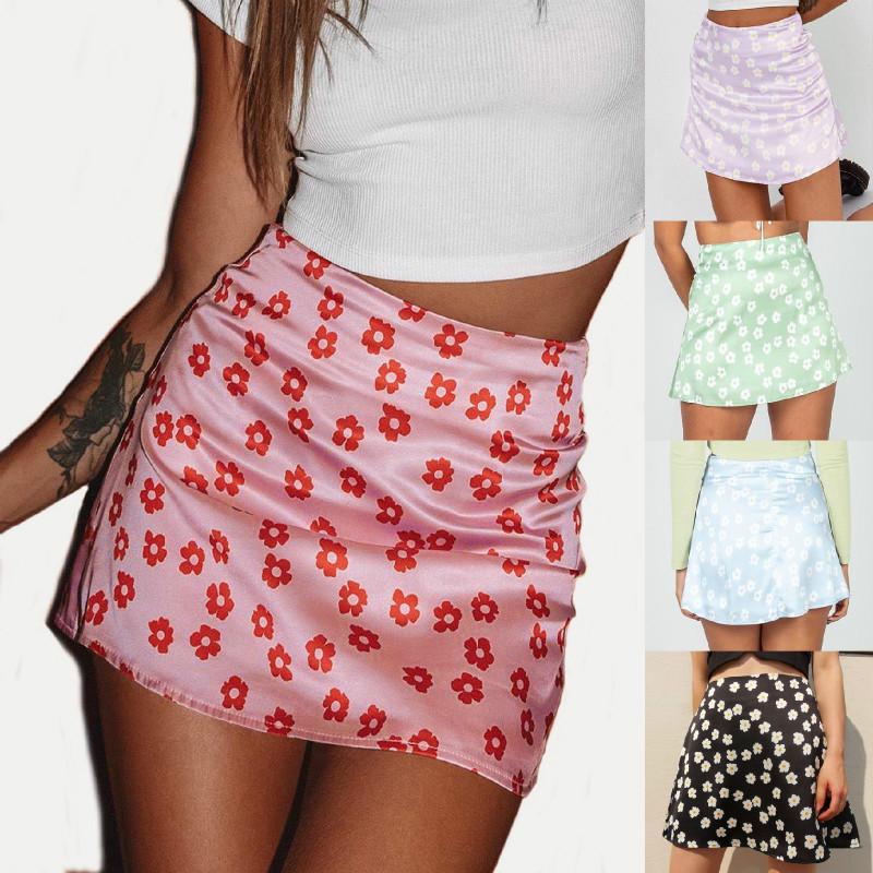 Женская юбка с принтом, атласная атласная юбка с высокой талией, маленькая сломанная цветочная юбка S розовый