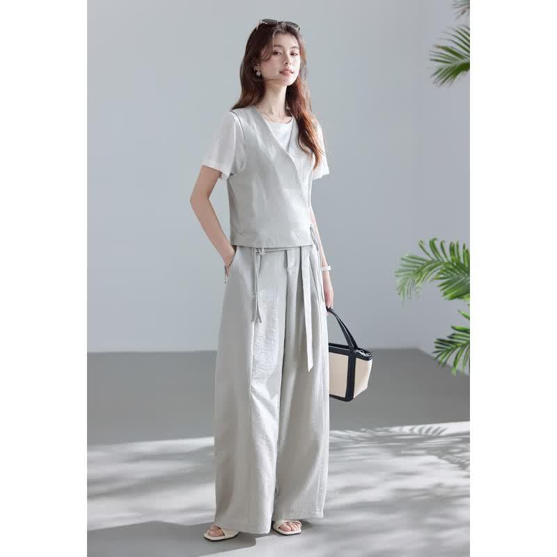 VICTORIA&VERA Round Neck T-Shirt, Vest & Wide-Leg Pants 3-Piece Set