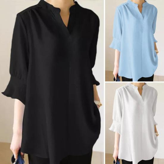

Летняя рубашка свободного покроя средней длины с v-образным вырезом, однотонный пуловер с короткими рукавами, блузка, женская одежда