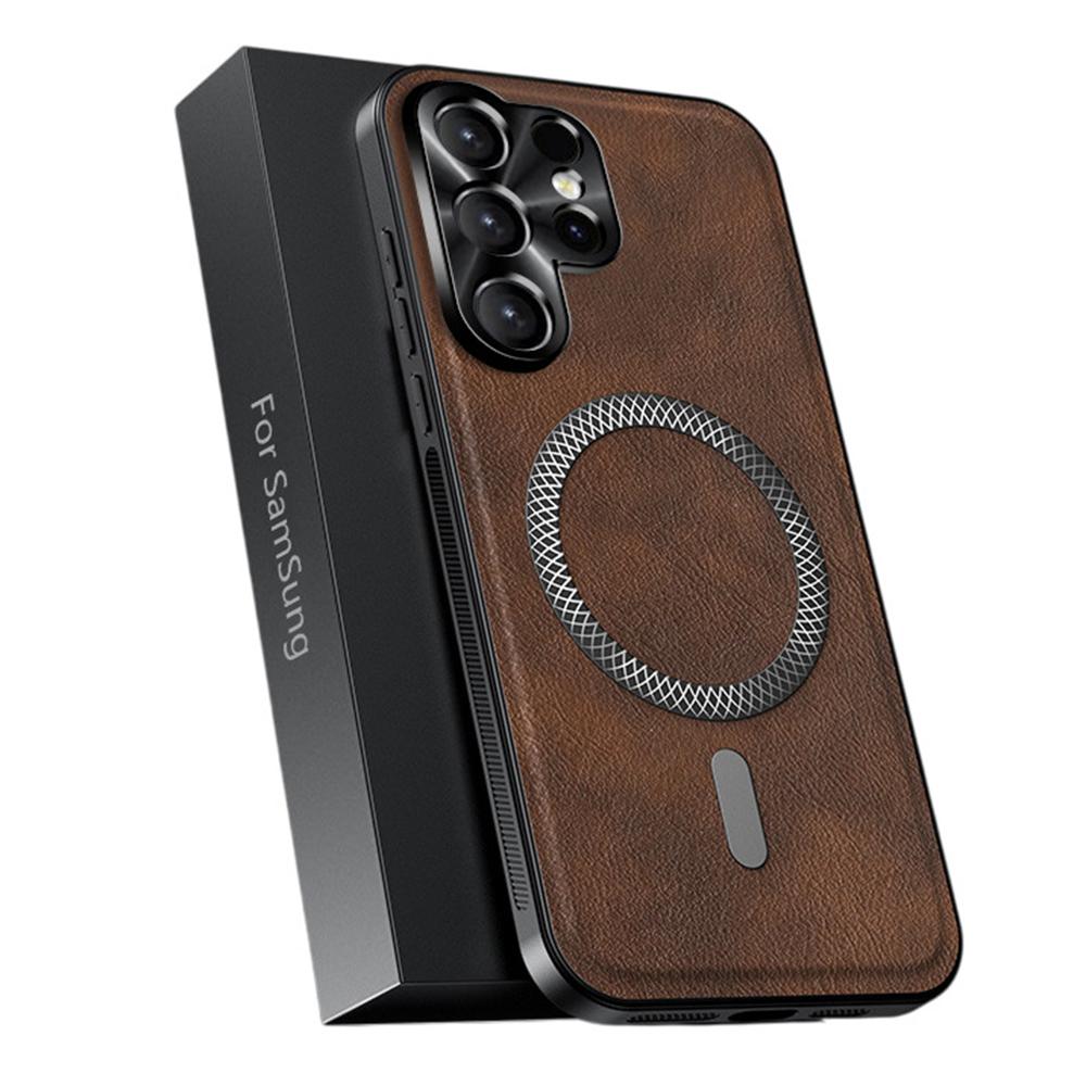 

For Samsung Galaxy S25 Ultra Case Compatible with MagSafe PU TPU PC Phone Back Cover with Metal Lens Frame Brown