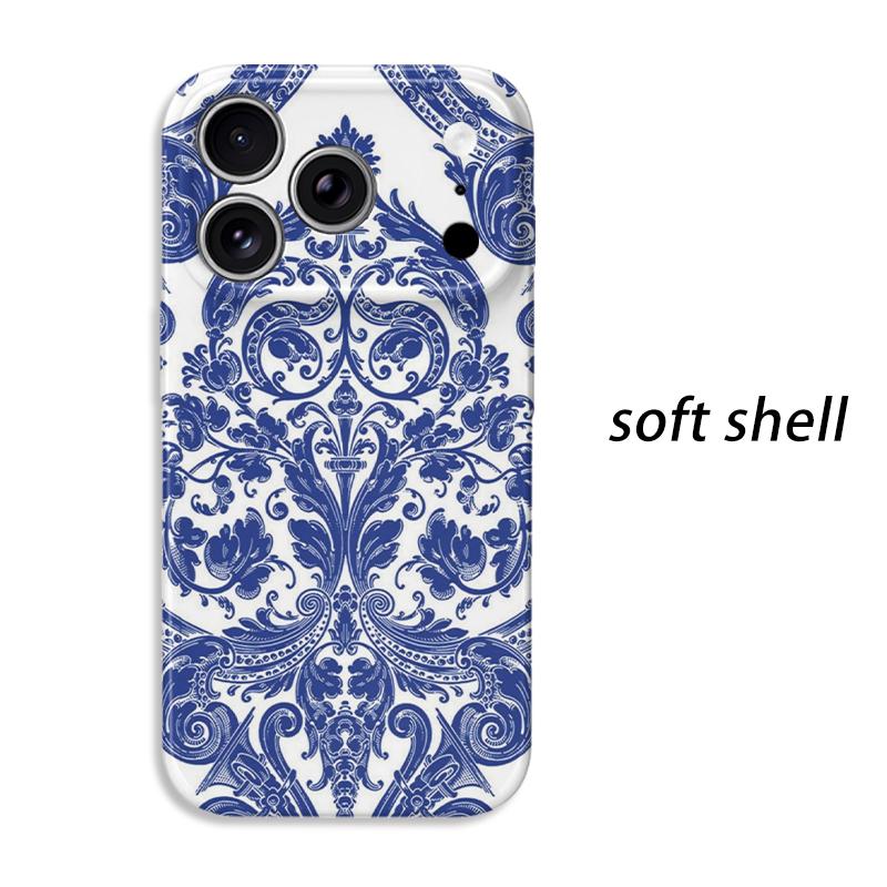 Cobalt Baroque Ornate Pattern Design Art Film Aesthetic Protective Shockproof Bumper Phone Case Cover For iPhone 14 15 16 Pro Max Plus