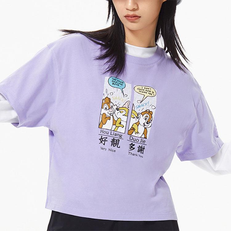 Li Ning X Disney Mickey Series SS22 Cartoon Print Short Sleeve Round Neck Top Women tops Light-Blue Purple AHSS266-6