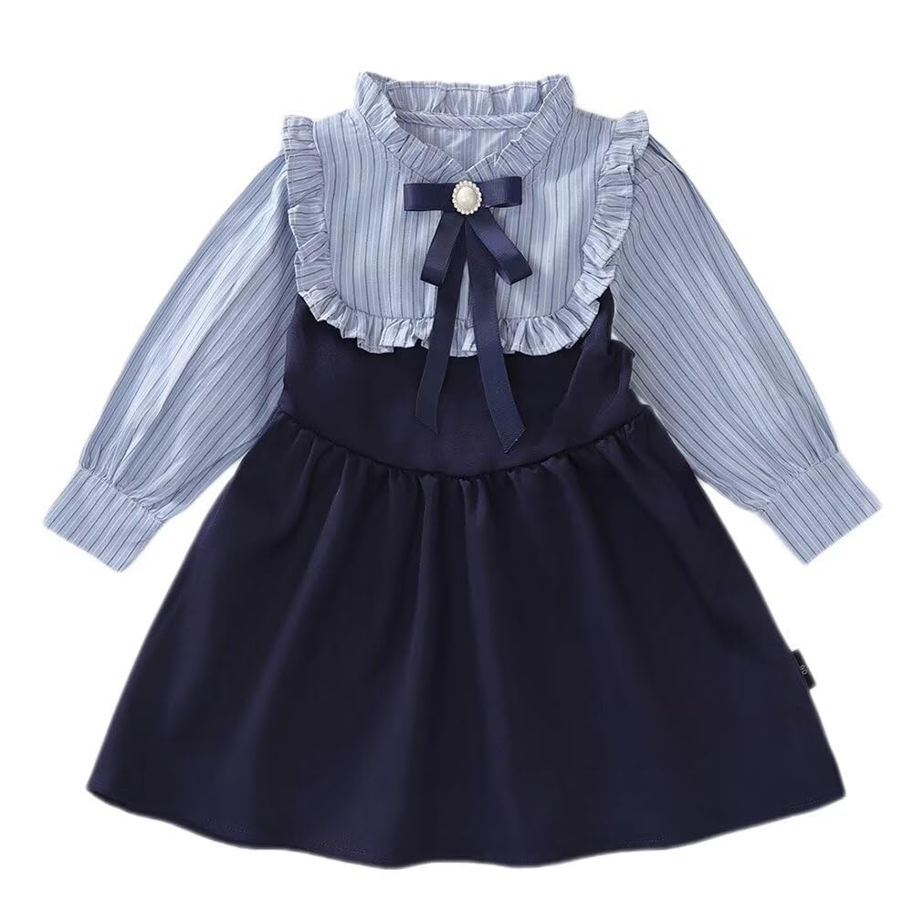 Kuhvvse Formal Cute Dress with Long Striped Perfect for Entrance Sizes 120 Girls' Dress, Children's Skirt, Sleeves, Ribbon, School-Style Design,