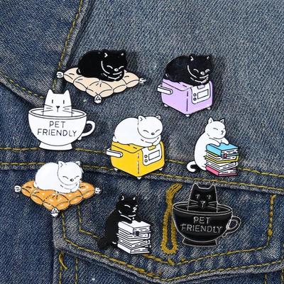 8 Pieces of Children's Creative Cartoon Cute Reading and Learning Cat Brooch Daily Matching Clothes Bags Accessories Badges